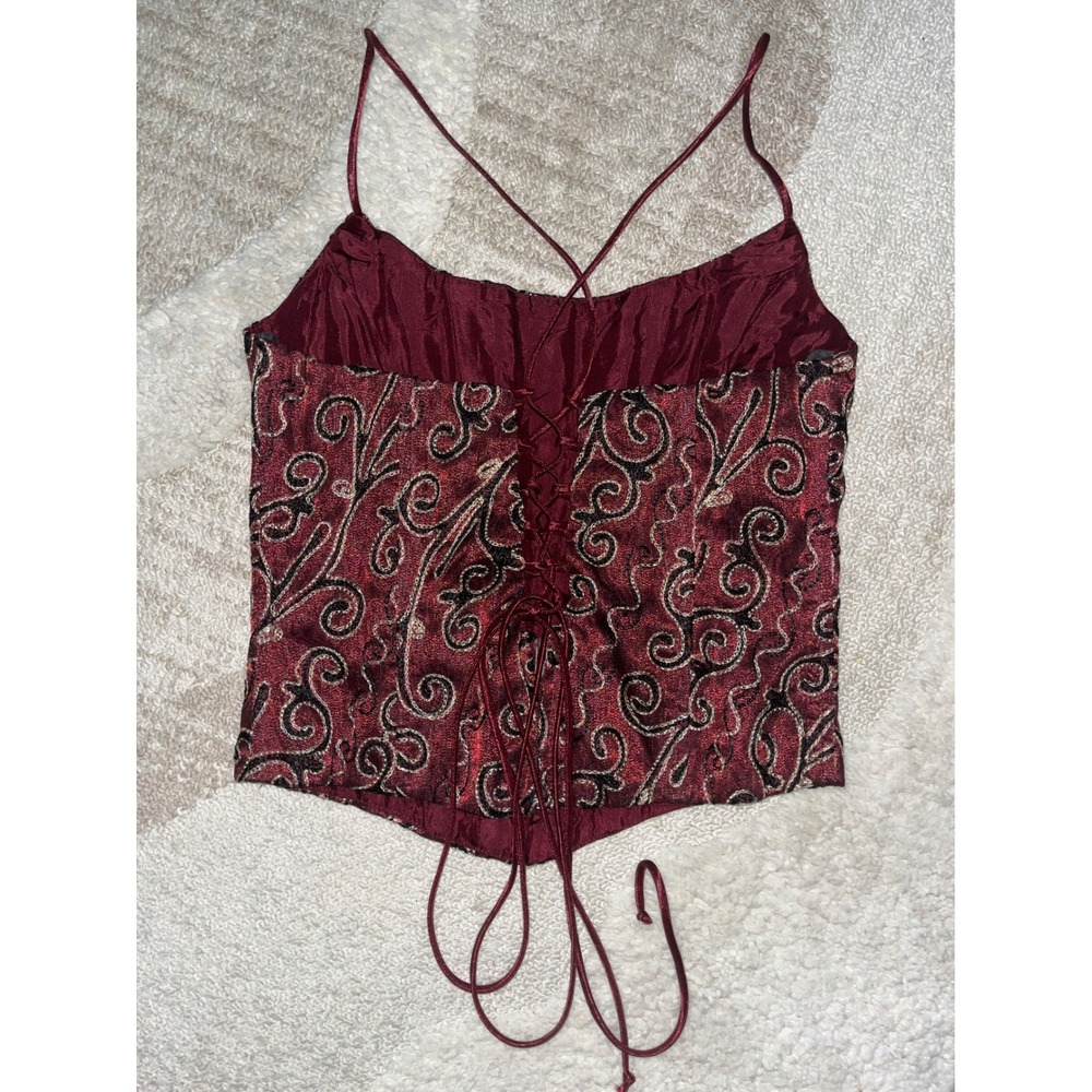 Vintage y2k Burgundy Metallic Jacquard Lace Up Corset Halter Top Wine Red - Picture 3 of 5